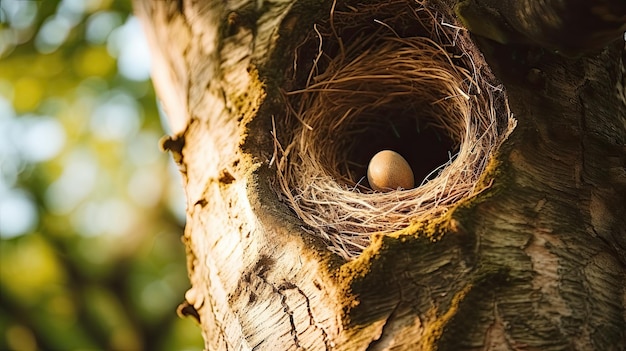 A bird's nest is on a tree trunk.