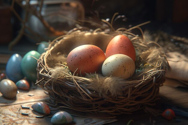 A bird's nest with colorful eggs in it