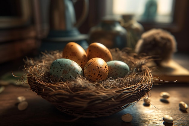 A bird's nest with eggs and a blue egg.