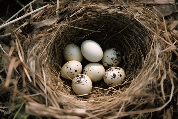 A bird's nest with eggs insid