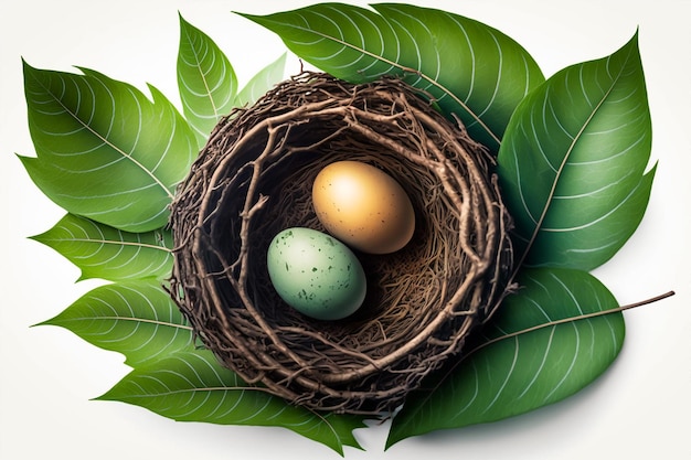 A bird's nest with green leaves and a brown bird's nest.