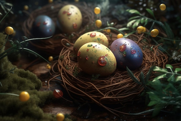 A bird's nest with a painted egg with a red and blue flower on it.