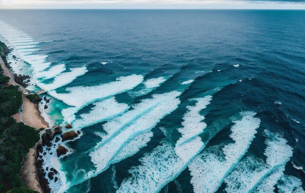 Bird'seye view of a beautiful beach with sea waves