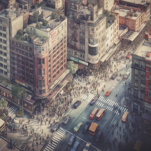 Bird'sEye View of a Bustling City Street with Classic and Modern Architecture