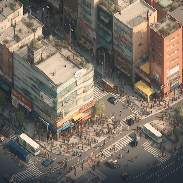 Bird'sEye View of a Bustling City Street with Classic and Modern Architecture