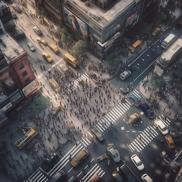 Bird'sEye View of a Bustling City Street with Classic and Modern Architecture