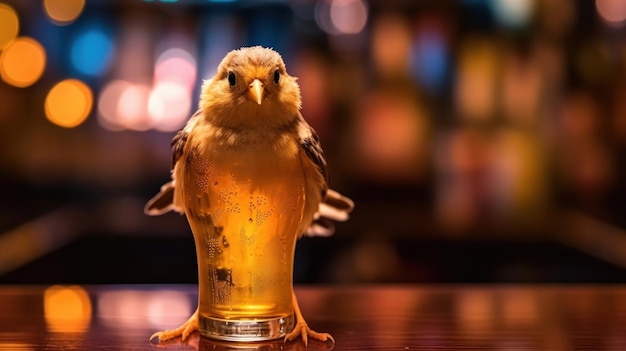 새 한 마리가 맥주가 가득 담긴 잔을 들고 바 카운터에 앉아 있습니다.