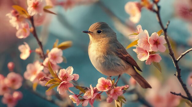 Bird sits on a blossoming branch of an apple tree AI Generative