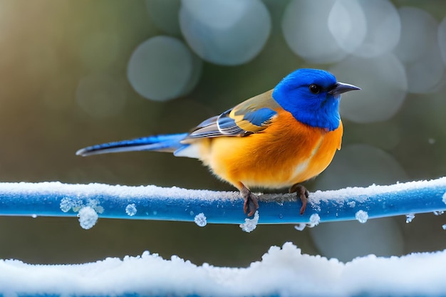 A bird sits on a blue bar in the snow.