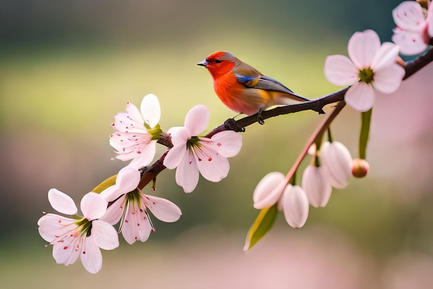 A bird sits on a branch of a cherry blossom tree.