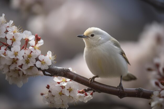 A bird sits on a branch of a cherry blossom tree.