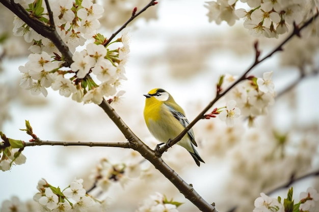 A bird sits on a branch of a cherry tree with white flowers in the background.