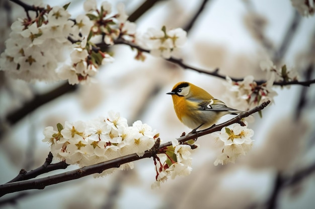 A bird sits on a branch of a cherry tree with white flowers.