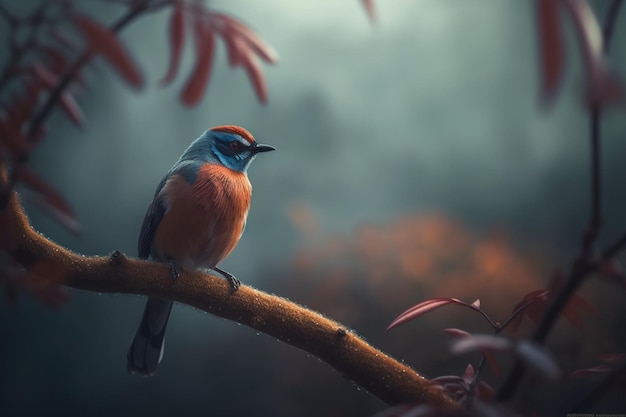 A bird sits on a branch in a dark forest.