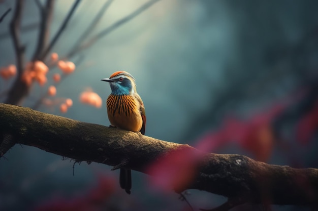 A bird sits on a branch in a forest with a blurred background.