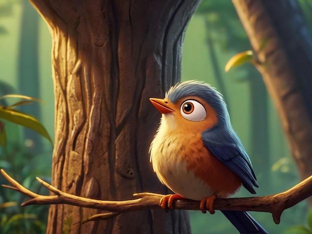 a bird sits on a branch in a forest