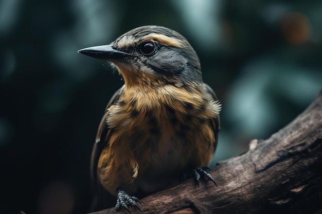 A bird sits on a branch in front of a dark background.