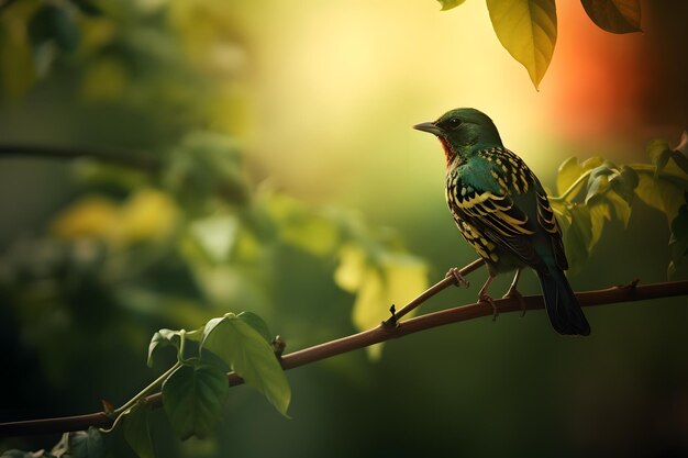 A bird sits on a branch in a garden.