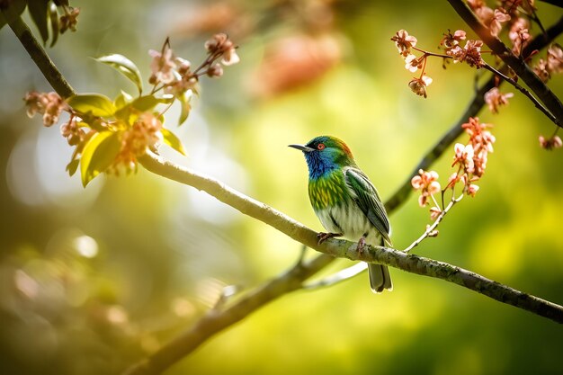 A bird sits on a branch in a garden