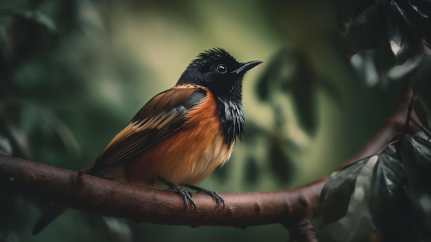 A bird sits on a branch in a green background.