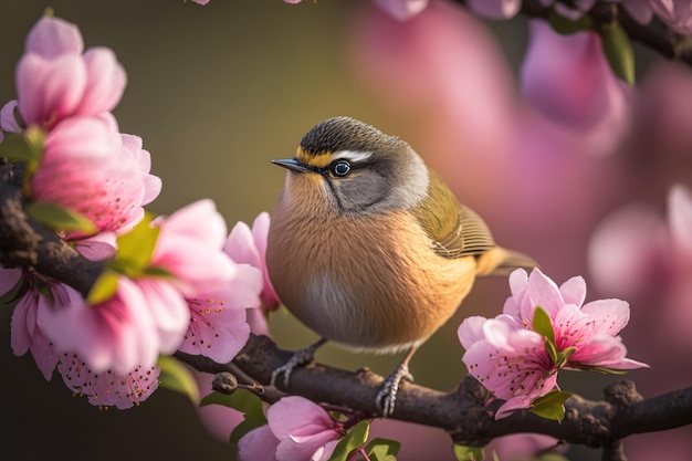 A bird sits on a branch of pink flowers.