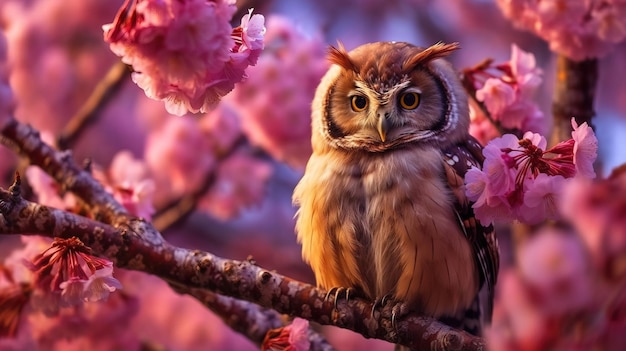 A bird sits on a branch of pink flowers.