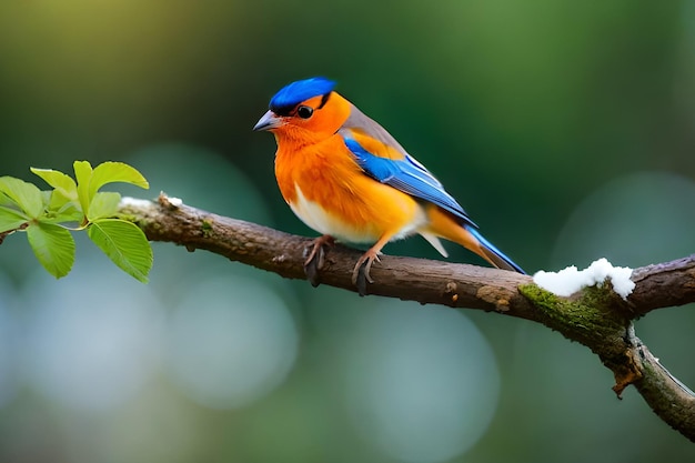 A bird sits on a branch in the snow.