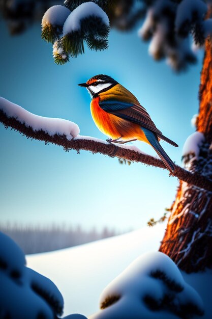 A bird sits on a branch in the snow.