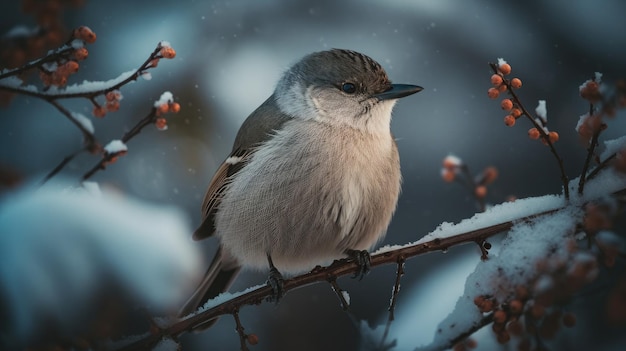 A bird sits on a branch in the snow