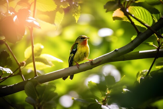 A bird sits on a branch in the sun