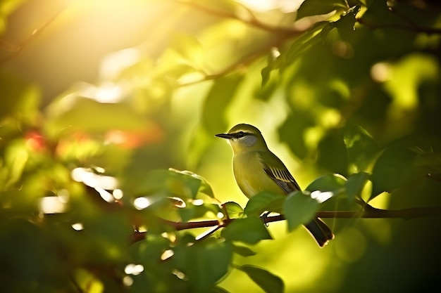 A bird sits on a branch in the sun