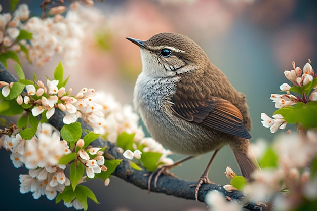 A bird sits on a branch of a tree with flowers in the background.