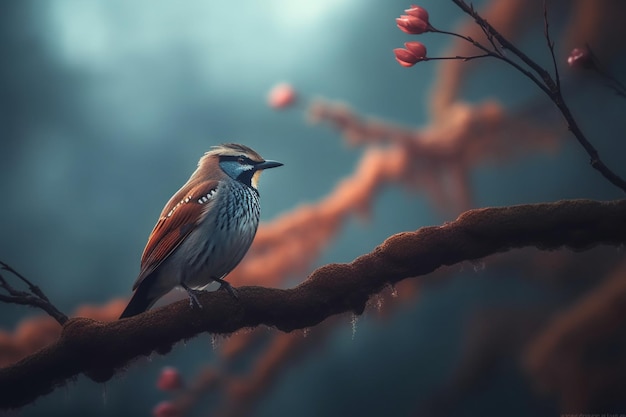 A bird sits on a branch with a blue and red flower in the background.