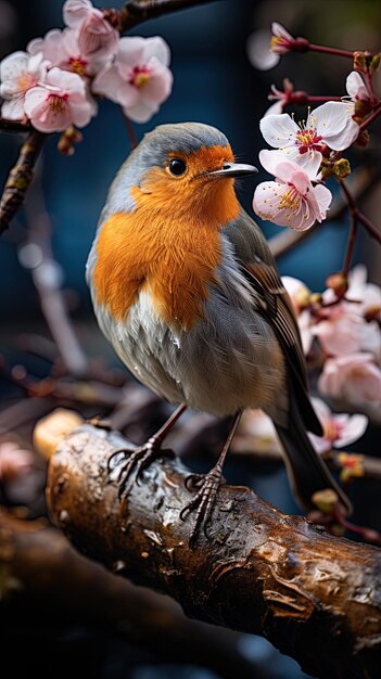 a bird sits on a branch with a flower in the background