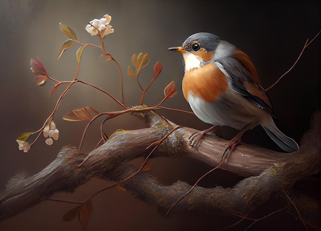 A bird sits on a branch with flowers on it.