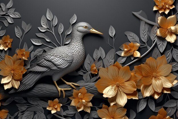 A bird sits on a branch with flowers and leaves.