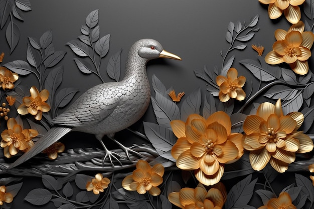 A bird sits on a branch with flowers.