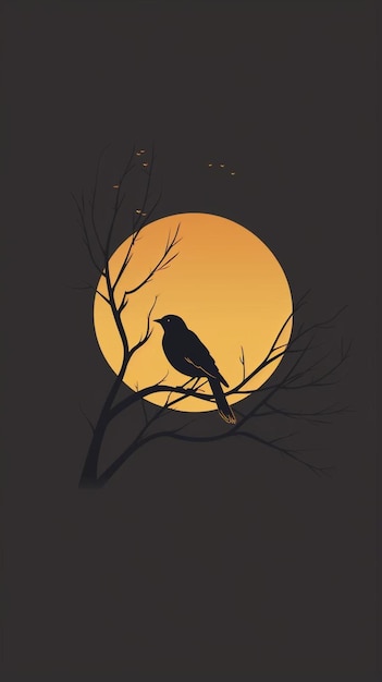 a bird sits on a branch with a full moon behind it.