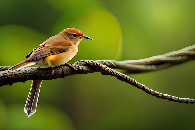 A bird sits on a branch with a green background.