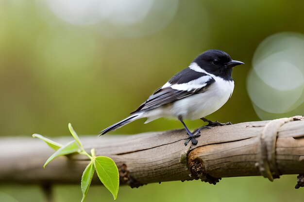 A bird sits on a branch with green leaves in the background