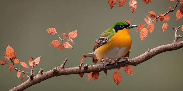 A bird sits on a branch with leaves on the background.