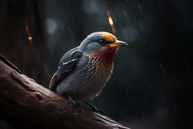 A bird sits on a branch with lightning