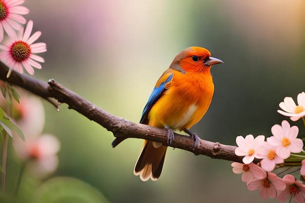 A bird sits on a branch with pink flowers in the background.