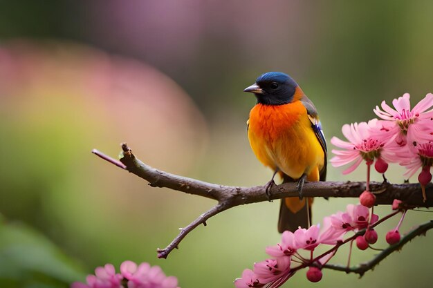 A bird sits on a branch with pink flowers in the background.