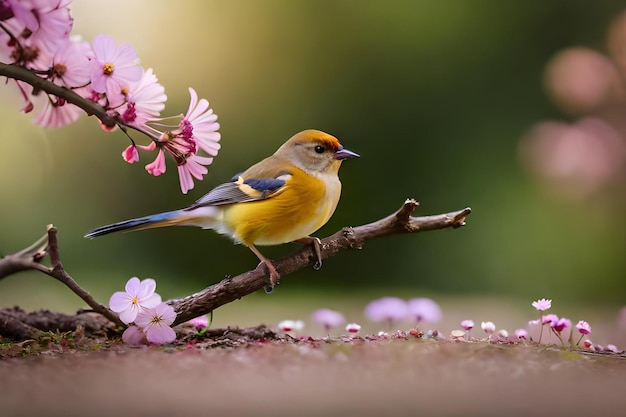Photo a bird sits on a branch with pink flowers in the background.