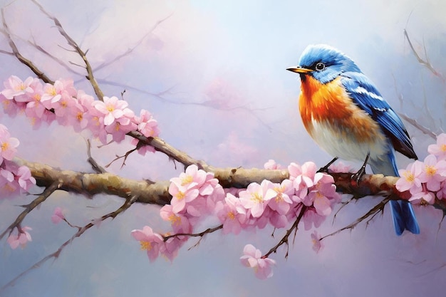 A bird sits on a branch with pink flowers.
