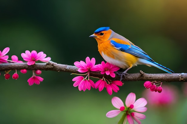 A bird sits on a branch with pink flowers.