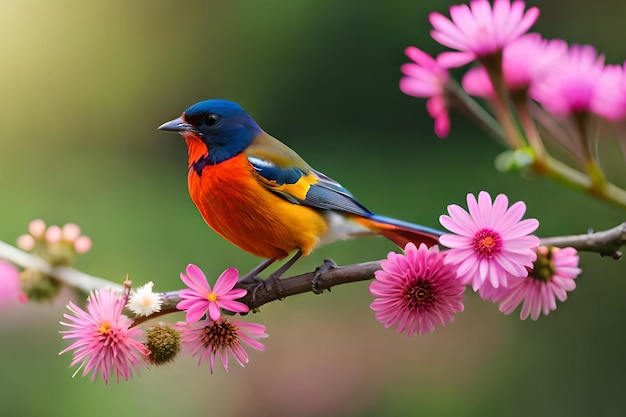 A bird sits on a branch with pink flowers.