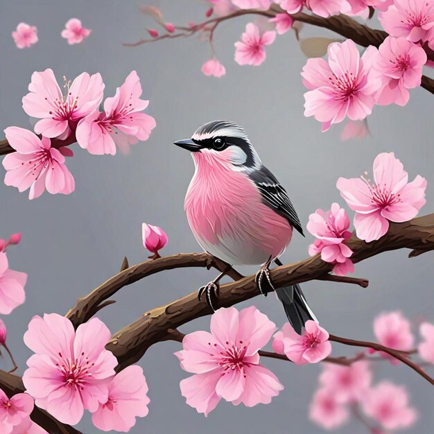 a bird sits on a branch with pink flowers