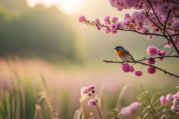 a bird sits on a branch with purple flowers in the background.